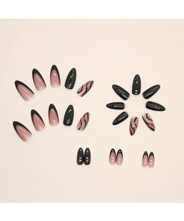Justotry 24-Piece Stiletto Nails Set Glitter Black French Press-On Nails & Pink Almond Art Artificial Short Fingernails for Women - Buy Online on GoSupps.com