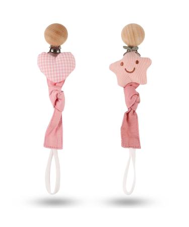 Buy 2-Piece Baby Pacifier Chain - Heart & Star Pattern Pacifier Strap with Wooden Clip & Storage Bag - Perfect Gift for Newborn Girls in Pink - Buy Online on GoSupps.com