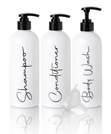 Alora 16oz Reusable Shampoo and Conditioner Bottles - Set of 3 - Easy to Read Labels - Pump Bottle Dispenser for Shampoo, Conditioner, Body Wash - Empty Plastic Refillable Containers for Shower Set of 3 (16oz) White