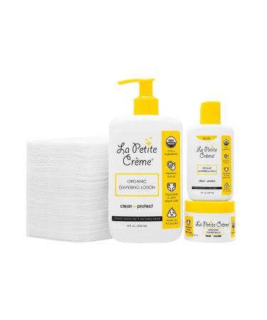 La Petite Creme French Diapering Gift Set: Includes Organic Diapering Lotion (8 oz)  Travel-size Diaper Lotion (2 oz)  1 Travel-size Diaper Balm (1 oz)  50 Disposable Cotton Pads - Newborn Essentials
