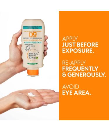 Garnier Ambre Solaire Eco Design Sun Protection Sun Cream Lotion SPF50 High Sun Protection Factor 50 Water Resistant & Non Sticky Sunscreen UVA & UVB Protection Recycled & Recyclable Bottle 200ml - Buy Online on GoSupps.com