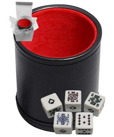 Set of 16mm Poker Dice Squared Corners and Black PU Leather Dice Cup Plush Felt Lined - Gift Boxed Poker (Spades Ace) White, Black/Red Cup