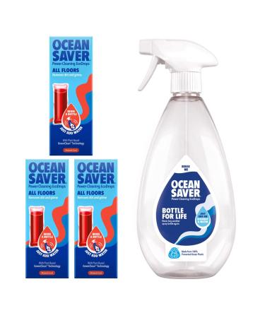 OceanSaver All Purpose Floor Cleaning Spray - 3 Refills & 1 Prevented Ocean Plastic Bottle | Just Add Water Floor Spray for Spills & Stains | Plant Based Plastic & Cruelty-Free | Rhubarb Coral Scent Starter Kit Floor