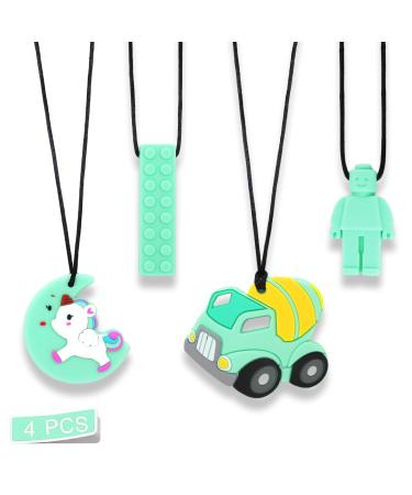 Sensory Chew Necklace for Autism Teething Anxiety Biting Needs Sore Gums Pain Relief ADHD Silicone Chewy Teether Oral Motor Chewing Pendant Toys with Adjustable Buckle for Kids Boys Mint Green