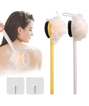 2 Pack Shower Body Brush Long Handle Back Scrubber for Shower( with Soft Bristles and Loofah) Loofah on a Stick Exfoliating Body Brushes Bath Mesh Sponge Shower Brush for Women Man