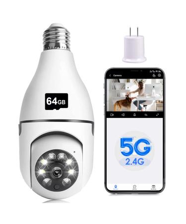 Light Bulb Security Camera 1080P 2.4G&5G Light Bulb Camera Built-in 355 PTZ&Night Vision&Motion Detection Light Socket Camera Compatible with Alexa&Google Assistant (1Pack 2.4G&5G with 64GB SD Card)