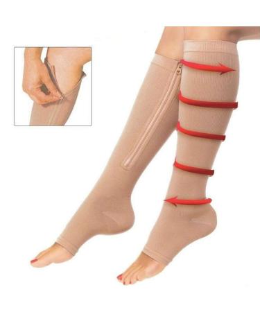 Amadon 3-pair compression stockings with zipper and open toe knee supporting stockings for women with diabetic travel pregnancy Skin Color L/XL L/XL Skin Color
