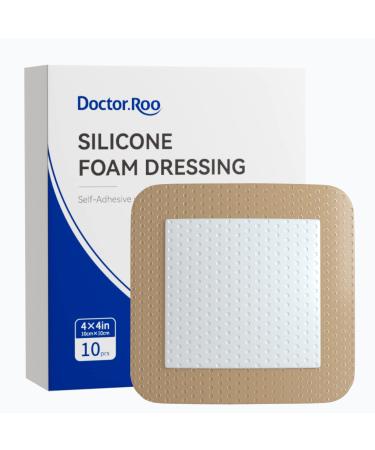 Silicone Adhesive Foam Dressing Doctor.Roo 4x4 Waterproof Wound Dressing Bandage with Gentle Border for Surgical Wounds Bed Sore Leg Ulcers Diabetic Ulcers Acne Care Blisters Burns 10-Pack