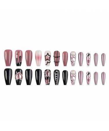 Long Coffin Press On Nails - Black Pink Star Love Pearl Design | 24pcs Full Cover Gel Nail Kit for Women - Buy Online on GoSupps.com