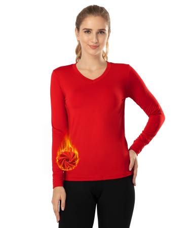 Subuteay Thermal Tops Fleece Lining Long Sleeve Thermal Shirt Womens Ultra Warm Thermal Underwear for Women Cold Weather V Neck - Red Small