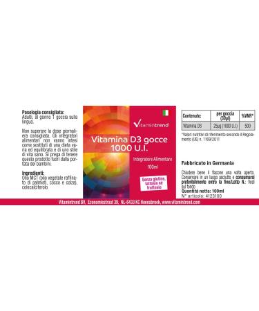 Vitamine D3 Huile 1000 I.E. - 100ml - dosage lev - Cholecalciferol | Vitamintrend  - Buy Online on GoSupps.com