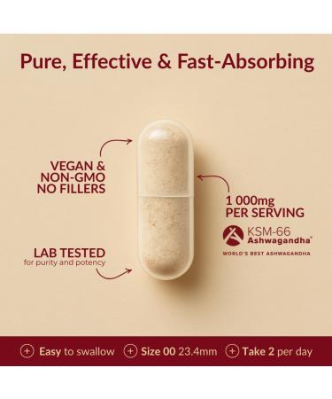 AROMAVITA Ashwagandha Capsules KSM-66 1000mg Daily Dose Pure Organic Root Powder Extract Ayurvedic Supplement - Focus Mood Support Increase Energy Strength. Natural KSM for Superior Absorption. - Buy Online on GoSupps.com