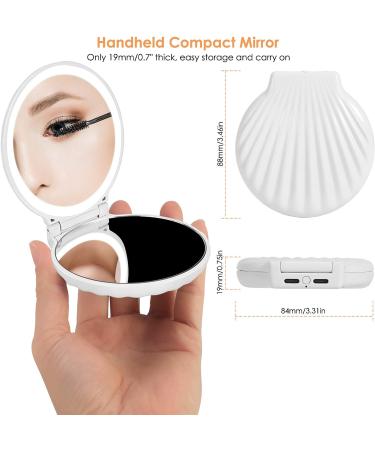 Shell Pocket Mirror with Lighted Selfie Ring 1x/2x Magnification, Dimmable LED Lights - Rechargeable Compact Handheld Mirror for Handbag - Perfect Gift for Sisters and Kids - White - Buy Online on GoSupps.com