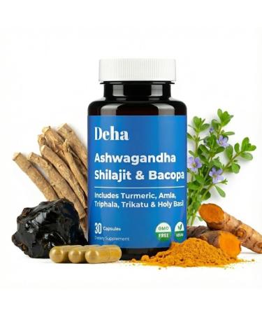 Ashwagandha Shilajit Bacopa Capsules Stress Support, Cognitive Support, Digestive Health with Turmeric, Amla & Triphala GMP Certified, Non-GMO, Vegan 30 Count