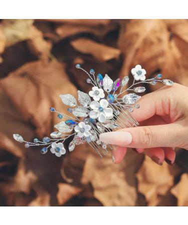 Silver Blue Rhinestone Flower Bride Wedding Hair Comb - Crystal Bridal Hair Accessory for Women & Girls - Buy Online on GoSupps.com