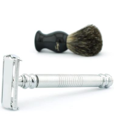 Men's Silver Butterfly Safety Razor & Black Badger Hair Brush - Stainless Steel No Blades Included | International Shipping - Buy Online on GoSupps.com