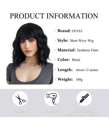 OUFEI Black Curly Wig with Bangs - 13 Inches | Heat Resistant Synthetic Hair for Women - Perfect for Daily Wear, Parties, and Cosplay - Buy Online on GoSupps.com