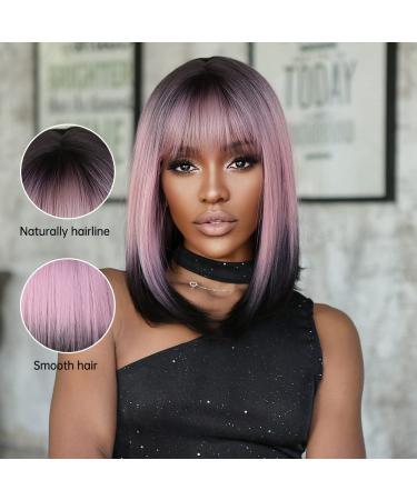 Allbell Black Pink Ombre Bob Wigs for Women | Short Straight Wigs with Bangs | Natural-Looking Hair Replacement for Cosplay & Parties - Buy Online on GoSupps.com