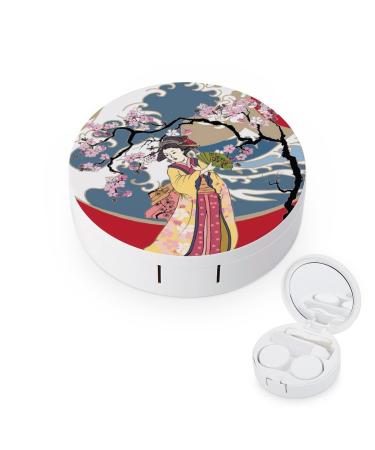 Japanese Art Geisha Girl Round Case For Contact Lens Kit Storage Box with Mirror Printed