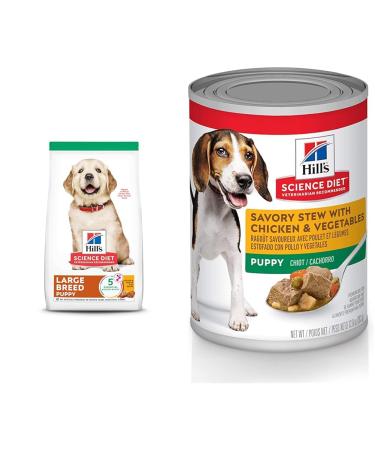 Hill's Science Diet Dry Dog Food Puppy Large Breeds with Real Meat and Whole Grains & Puppy Canned Dog Food Savory Stew with Chicken & Vegetables 12.8 oz 12 Pack wet dog food