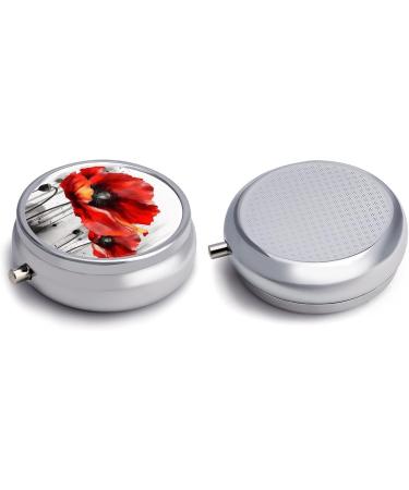 Round Poppy Flower Pill Box - 3 Compartment Portable Medicine Organizer | Decorative Metal Pocket Pill Case - Buy Online on GoSupps.com