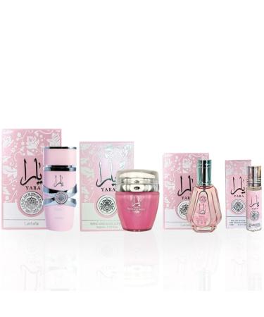 LATTAFA YARA Eau De Parfum Spray 100ML EDP 50ML Hand & Body Lotion 45ML & Roll-on Perfume Oil 10ML - For Women (CHIC COLLECTION) - Buy Online on GoSupps.com
