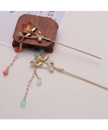 Retro Flower Hair Stick - Chinese Hanfu Style Hairpin with Pearl Tassel and Crystal Bead - Gold Hair Accessories - Buy Online on GoSupps.com