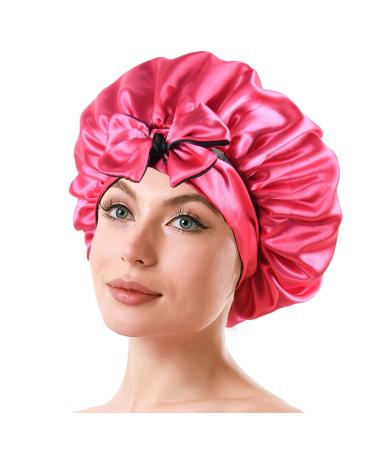 Satin Bonnet for Curly Hair Sleeping  Hair Bonnets for Black Women  Adjustable Silk Bonnet Sleep Cap for Braids  Satin Bonnet with Tie Band Double Layer (Hot Pink +Black) 7 1/2 Hot Pink +Black