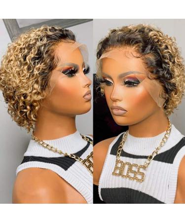 Derun 13×6 Lace Front Wig Human Hair Ombre Short Curly Bob Pixie Cut Wigs 1B/27 Remy Hair Pre Plucked with Baby Hair for Women (8 Inch, 1B/27, 13×6 Lace) 8 Inch 1B/27, 13×6 Lace