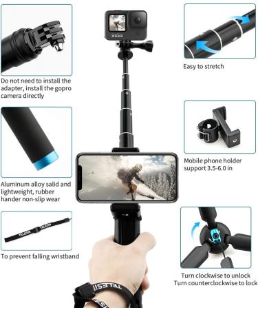 AFAITH Aluminum Alloy Selfie Stick for GoPro, Insta360, DJI OSMO Action - Waterproof Handheld Monopod with Stable Tripod - Buy Online on GoSupps.com