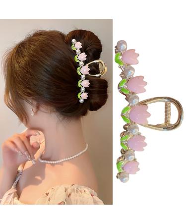 Flower Hair Clips Large Pearl Hair Claw Clips Hair Styling Accessories for Women Girls Pink Tulip Pearl Hair Clamps Design Non-slip Hair Barrettes Jaw Claw Clip For Thick/Thin Hair