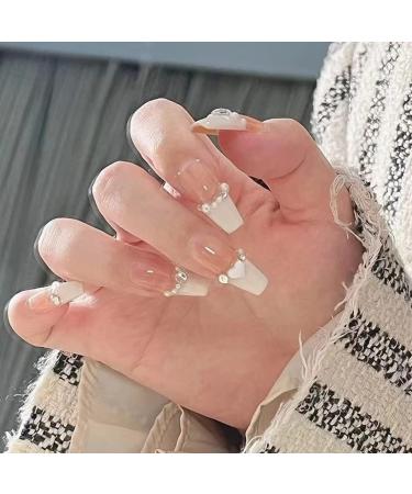 French Tip Press on Nail Long peach White Rhinestones Stick on Nail False Fake Nail with Glue for Women Girl Nail Art Press On Nails - Buy Online on GoSupps.com