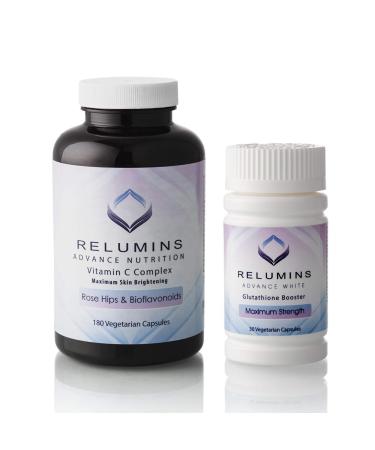Relumins Advanced Vitamin C MAX Complex and Glutathione Booster Nutrient Capsules Set Advanced Formula for Radiant Look Enhanced Absorption Dietary Supplement 2-Piece Capsule Set