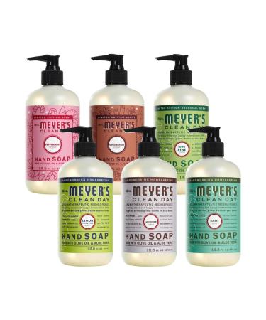 Mrs. MEYER'S Clean Day Liquid Hand Soap 6 Pack Variety Gingerbread Iowa Pine Peppermint Lavender Lemon Verbena Basil 12.5 OZ Each 1 CT 12.5 Fl Oz (Pack of 6)