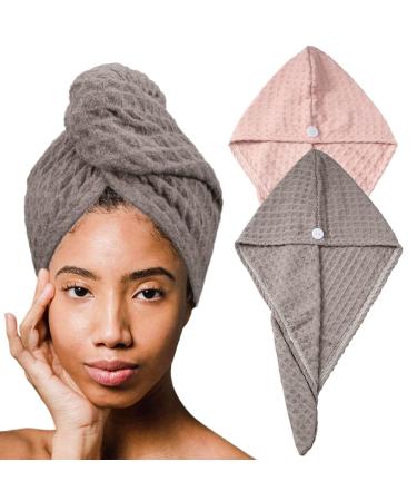Microfiber Hair Towel Wrap Waffle Hair Drying Towel Absorbent Dry Hair Turban with Button Twist Hair Towel Cap Quick Dry Hair Turban Anti Frizz Hair Wrap Towel for Women and Girls 2Pcs