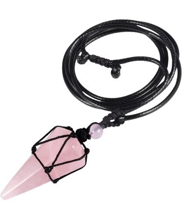 Kyeygwo hexagonal cereal pendant necklace with adjustable leather rope polished quartz pointed stone healing reiki pendulum chain pink