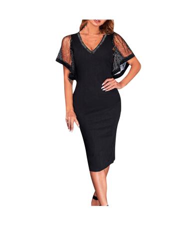 Wedding Guest Dresses for Women Solid Lace Splicing Short Sleeve Hot Drilling Sexy Summer V Neck Slim Night Dress Medium Black