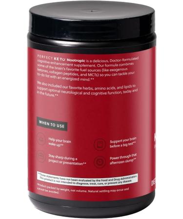 Perfect Keto Nootropic Brain Support, Caffeine Free Focus and Energy Supplement with Alpha Lipoic Acid, L Theanine, Ginkgo Biloba, Alpha GPC, MCT's, Collagen, Ketones, Chocolate Drink Mix, 15 Servings - Buy Online on GoSupps.com