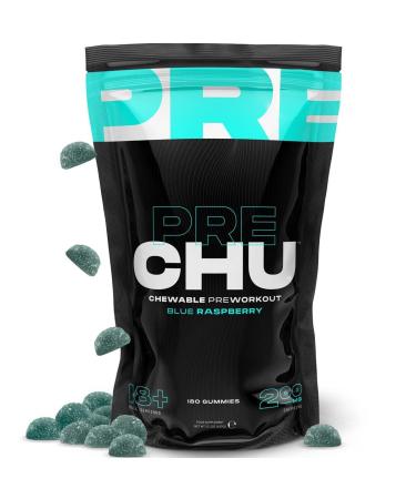 PRECHU Pre Workout Gummies - Beta Alanine Taurine Vitamin C & Zinc Supplements for Energy Release - L Citrulline Niacin & Caffeine Gummy Vitamins for Men & Women - 180 Blue Raspberry Gummies