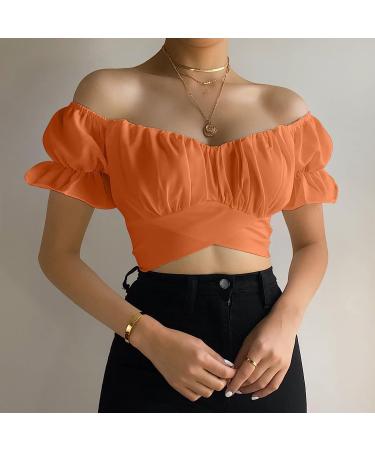 TUNUSKAT Women's Off-Shoulder Cross Short Sleeve Blouse - Orange | Summer Trendy Crop Top - Buy Online on GoSupps.com