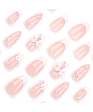 Medium Almond Press on Nails - White French Tips & 3D Flower Bow Charms | Cute Reusable Pink Acrylic Nails | 24pcs - Perfect for Elegant Looks - Buy Online on GoSupps.com