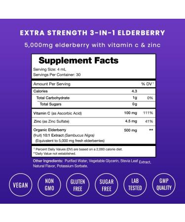 Organic Elderberry Syrup 5000mg Strength with Zinc & Vitamin C - Immune System Support for Kids & Adults | Vegan Sambucus Nigra Antioxidant Drops - 4oz - Buy Online on GoSupps.com