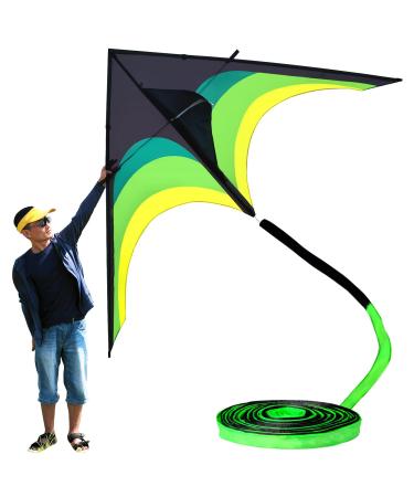 Flying Hoofer Delta Kite for Kids Ages 4-8 and 8-12 & Adults,Extremely Easy to Fly Kite,Best Kite for Beginners,9ft Huge Delta Kite Come with 98ft Tail 110"Black Green