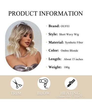 OUFEI Ombre Blonde Short Wavy Wig with Bangs - Heat Resistant Synthetic Hair for Daily Wear and Cosplay - Buy Online on GoSupps.com