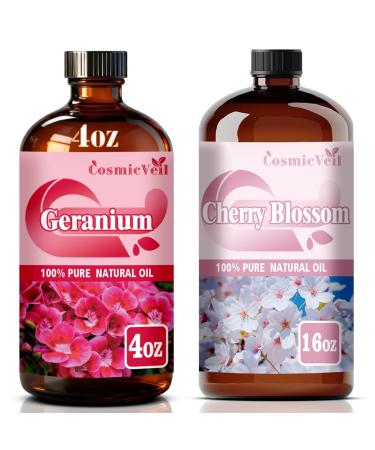 Geranium Essential Oil 4 Fl Oz (120Ml) and Cherry Blossom Essential Oil 16 Fl Oz (480Ml) Fragrance Oil for Aroma Diffuser Humidifier Home Fragrance Spa Cleaning Body Care Massage Yoga DIY Candle