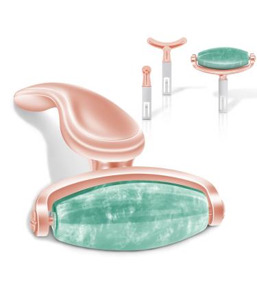 Jade Facial Roller Real Jade Face Roller Massager with 3 Interchangeable Heads for Women Routine Skin Care Reduce Puffiness Wrinkling Rejuvenate Skin (Green Jade + Rose Gold Handle)
