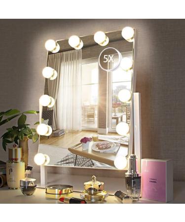 HIEEY Hollywood Vanity Mirror with Lights  Makeup Mirror with 12 Dimmable Bulbs Lights  Three Color Lighting Modes  and 5X Magnification Mirror  Smart Touch Control  360 Rotation (White Gift Box) White-12 Bulbs