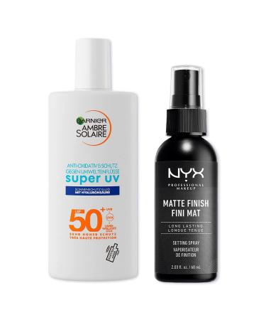 Garnier and Nyx Care & Fix Set for before the Makup with Garnier Super UV sun protection fluid and NYX Matte Finish Setting Spray for protected skin and a long-lasting look 2-part 60ml garnier and bundle