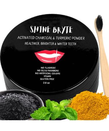 Activated Charcoal and Turmeric Teeth Whitening Powder  Decrease Inflammation  Mint Flavor  w/Free (Soft) Black Bamboo Toothbrush Brighter  and Whiter Teeth!! (2.0 oz)