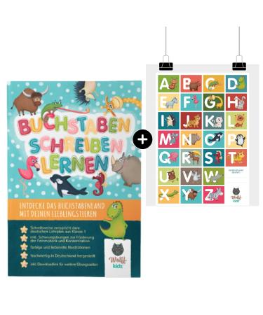 Wolff Kids Abc Schreiberncheft + ABC Poster I Learn with animals I 2 -in -1 letter post + ABC Issue I writing exercises I preschool - kindergarten - 1st class I school preparation